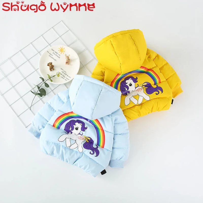 

Children's Rainbow Horse Hooded Winter Warm Snow Wear Parkas Kids Outerwear Baby Girls Cotton Down Casual Coats casaco