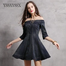 YSSAYSSX Off-The-Shoulder Collar Slim Denim Dress Vintage Waist Hem Sleeve Denim Dress Single-Breasted Solid Color Denim Dress YSSAYSSX Off-The-Shoulder Collar Slim Denim Dress Vintage Waist Hem Sleeve Denim Dress Single-Breasted Solid Color Denim Dress