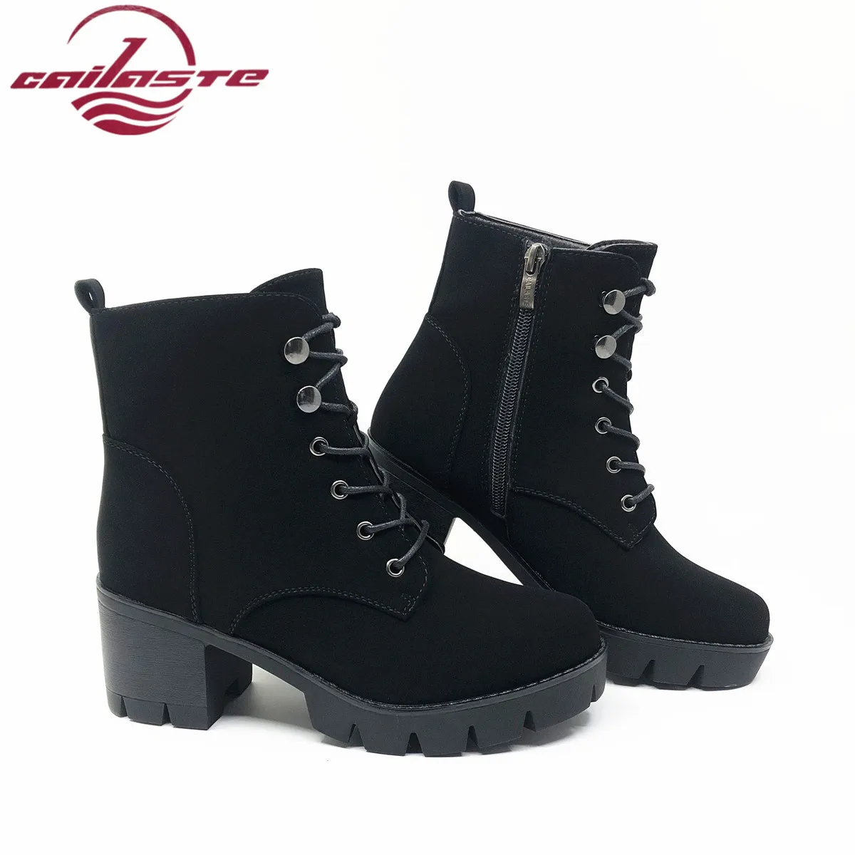 

CAILASTE Women high heel shoes platform ankle boots small size lace up round toe leather suede winter autumn soft plush velvet