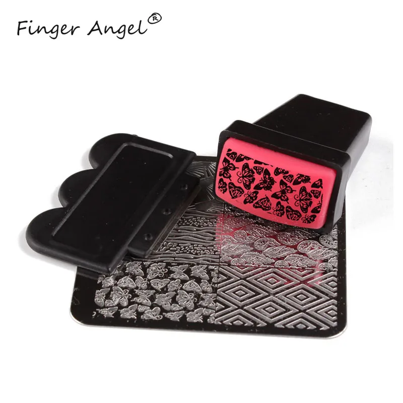 Placa da Arte do Unha Kits de Ferramentas Dedo Angel Quadrado Geléia Stamper Scraper Unha Art Stamping Placa Imagem Stencils Lm002 10 Pcs 8 Modelos de unha artística