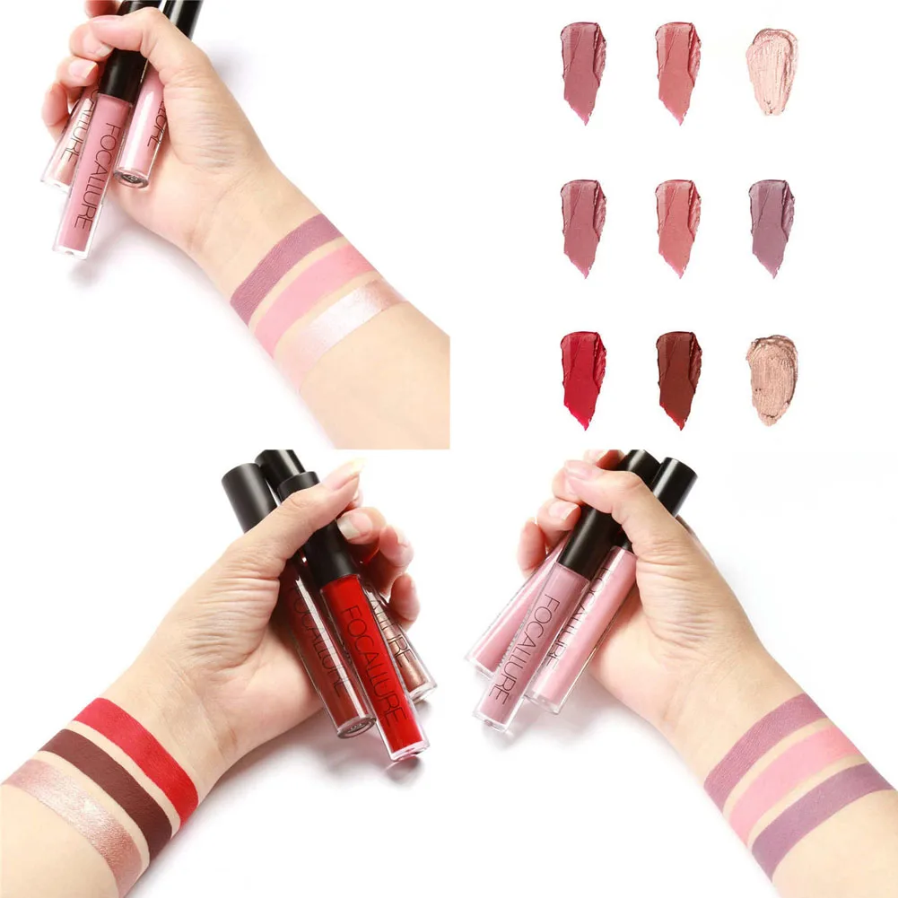 FOCALLURE 3Pcs/set matte/pearl shiny /Frosted Lipgloss Long lasting Lip Colors Makeup Waterproof
