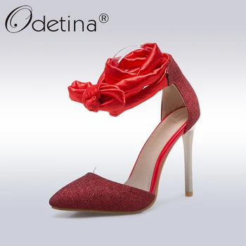 

Odetina Women Stiletto High Heels Lace Up Riband Pumps Ankle Strap Pointed Toe Ladies Dress Party Bling Shoes Big Size 48