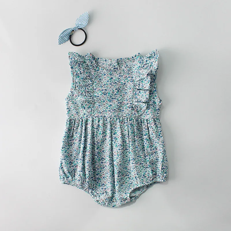

1496 Summer Infants Children Girls And Baby Princess Romper Blue Floral Cotton Sleeveless Jumpsuit Newborn Ruffled Baby Wear