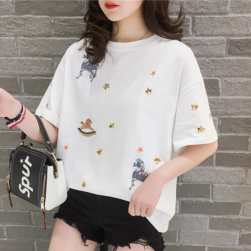 

harajuku Cartoon embroidery streetwear graphic tees women t shirt with summer 2019 korean style female casual oversized t shirts