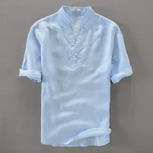 Небесно-голубые мужские льняные рубашки, однотонная Льняная мужская рубашка в китайском стиле, летняя мужская рубашка, брендовые модные рубашки, мужские повседневные рубашки, camisa 3XL