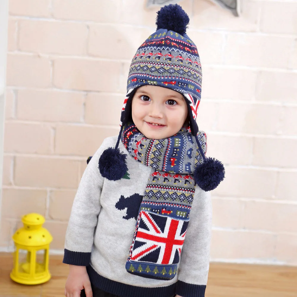 Kids Toddler Boys Winter Hat Scarf Set Multi colored Geometric Warm