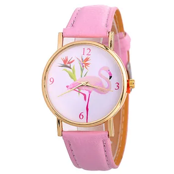 

Hesiod Pink Flamingo Quartz Watch Leather Band Women Dress Wristwatch Stainless Steel Glasses Case Dial Watch for Ladies