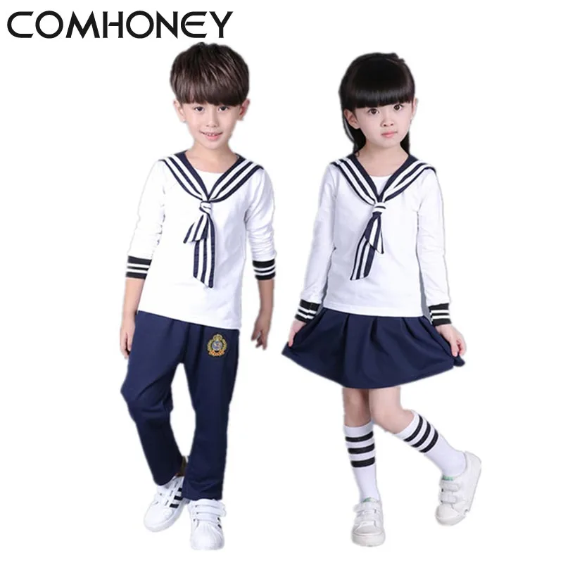 

Girls Sport Suit Sailor Shirt Boys 3pcs t shirt+Tie+Skirt Kids Preppy Striped School Uniform For Girls Navy Sailor Boys Clothes