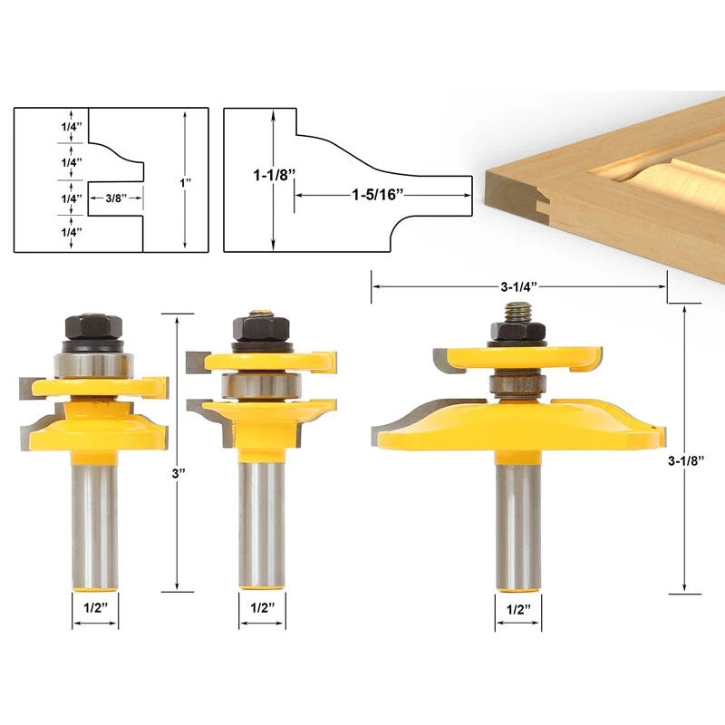 3pcs Rail and Stile Router Bits - 2 Bit Round Over - 1/2" Shank door knife Woodworking cutter Tenon Cutter for Woodworking Tools