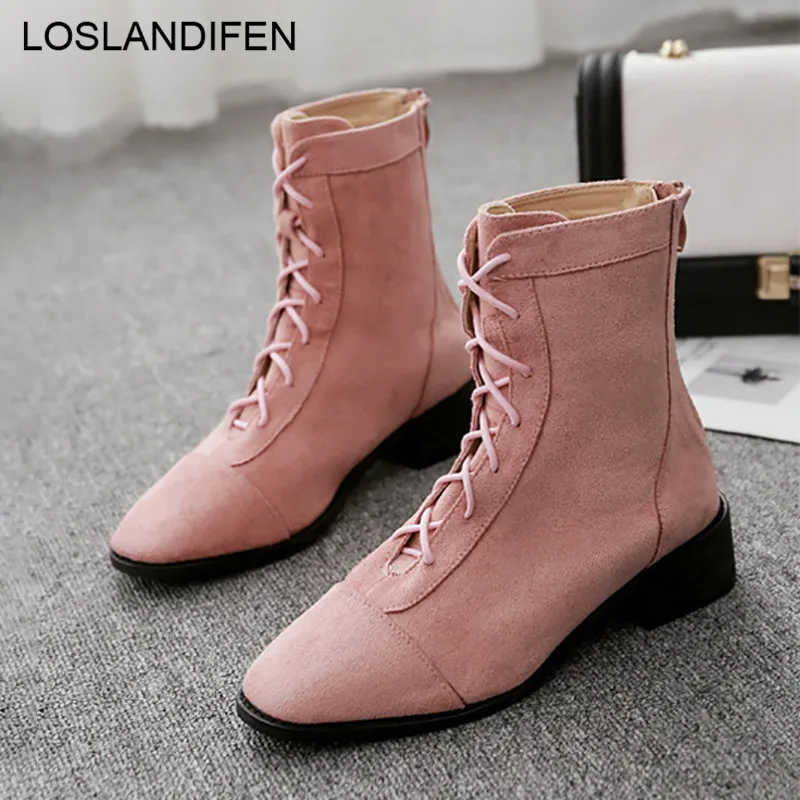 Korean Winter Boots Square Toe Party Boots Cross Tied Square Heel Boots
