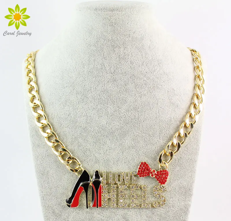 

New Fashion Gold Metal Clear Rhinestone I love Stiletto Heels And Bow Necklace