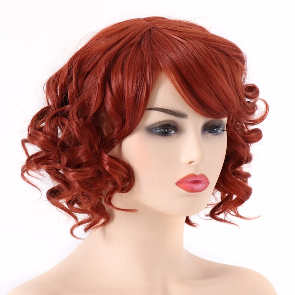 

BESTUNG Copper Red Short Curly Wigs with Side Bangs Synthetic Natural Wavy Hair Wig for Women Cosplay