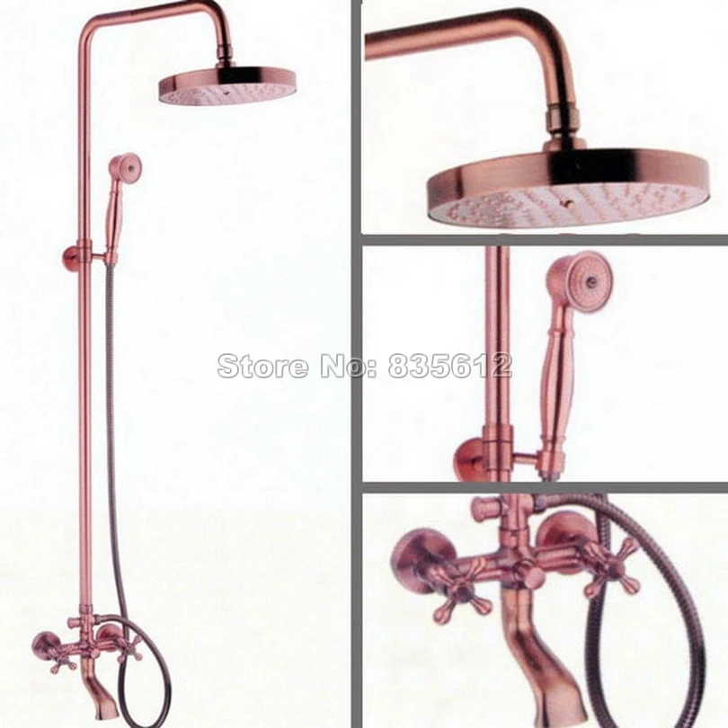 

Antique Red Copper Wall Mounted Bathroom Rain Shower Faucet Set\Hold Shower+Shower Head+Dual Handles Bath Tub Mixer Tap Wrg013