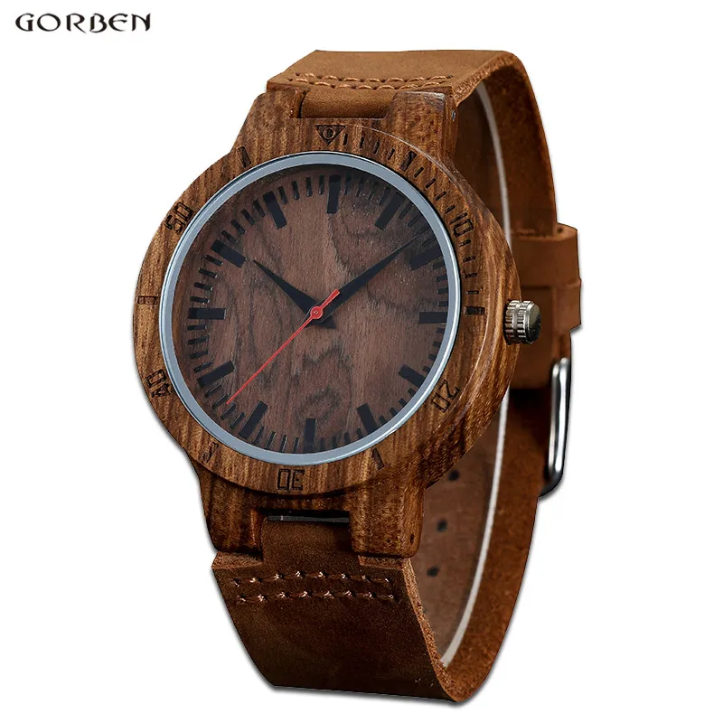 

GORBEN Mens Watch Wooden Sculpture Watches Round Dial Leather Band Natural Bamboo Analog Quartz Men Wristwatch Christmas Gifts