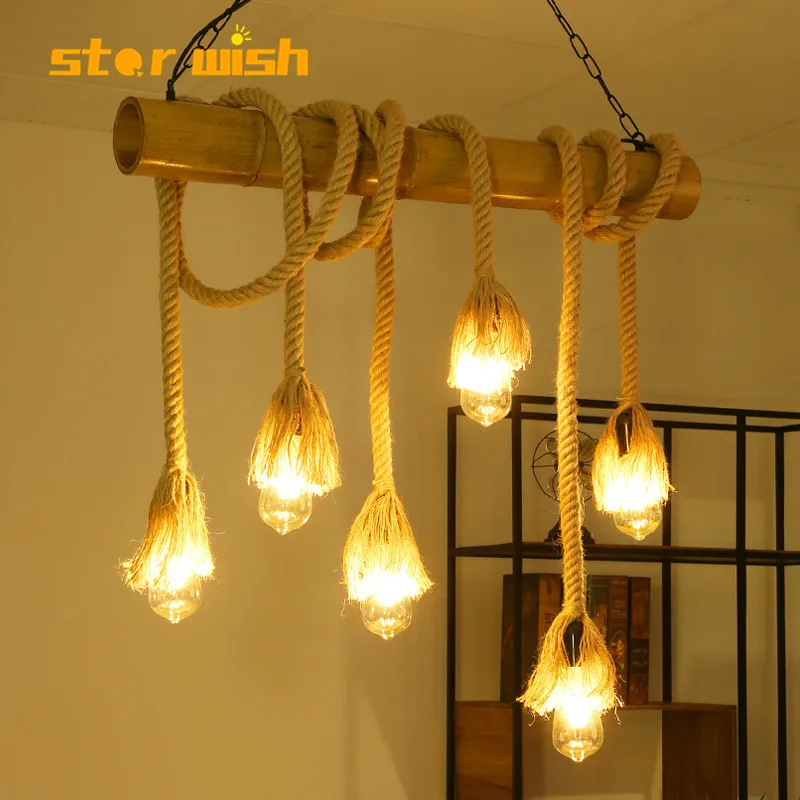 

Star wish Bamboo hemp rope pendant light for restaurant decoration lamps coffee shop retro bar garden hunging light
