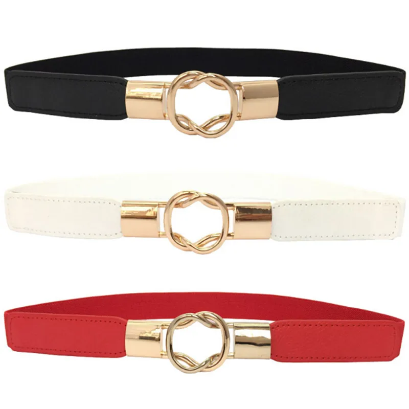 Fashion Women's Belt Elastic Waistband Gold Circle Buckle Small Belts Red Thin Cummerbund Woman