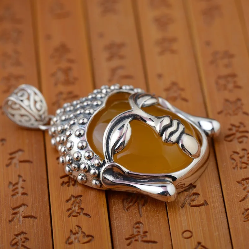 

S925 pure silver inlaid natural pendant Buddha modelling New product