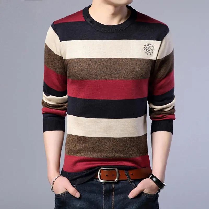 Брендовый дизайнерский пуловер, полосатый мужской свитер, мужские толстые зимние теплые трикотажные свитера из Джерси, Мужская одежда, облегающая Вязанная одежда 136 - Цвет: Красный