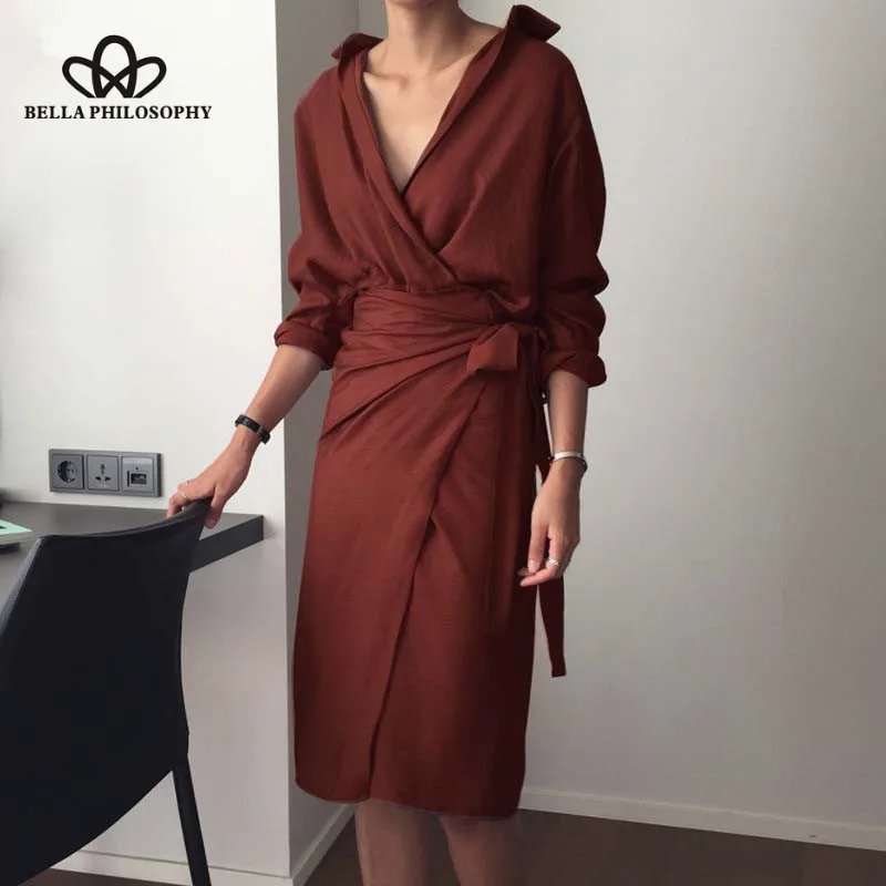 Wonder Spring Long Sleeve V-Neck Maxi Dress Female Vintage Sashes Long Straight Dress Casual Lady Sexy Formal Dress