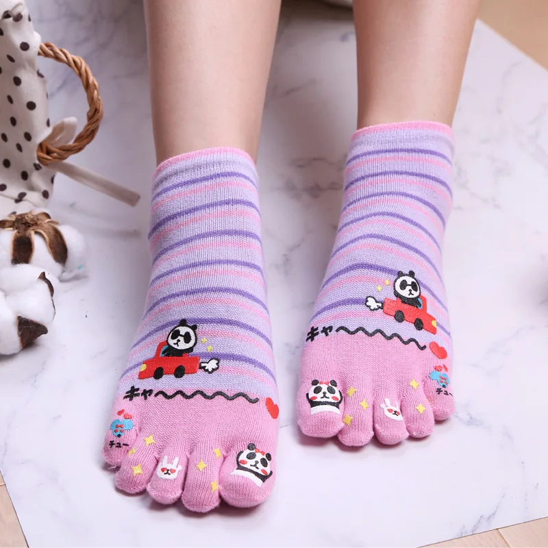 5 Pairs Women Cotton Comfortable Five Finger Socks Cute Panda Animal ...