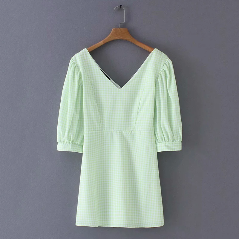 Women's Clothing Dress 2019 Polyester Green Plaid V-Neck Five-Point Sleeve Dress Ms Summer Street Slim Fit Temperament Clothing