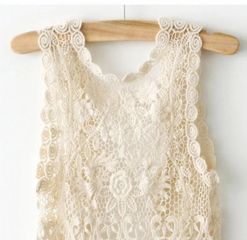 

Fashion ladies short sleeve lace Crochet Tassel Gilet Waistcoat Cardigan solid beige tank top