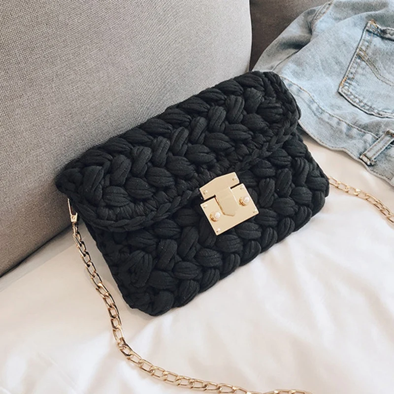 

New Fashion Hot Ins Woven Knitting Handbag Women Flaps Messenger Bag Cotton Fabric Handmade Plait Cover Shoulder Bag Black