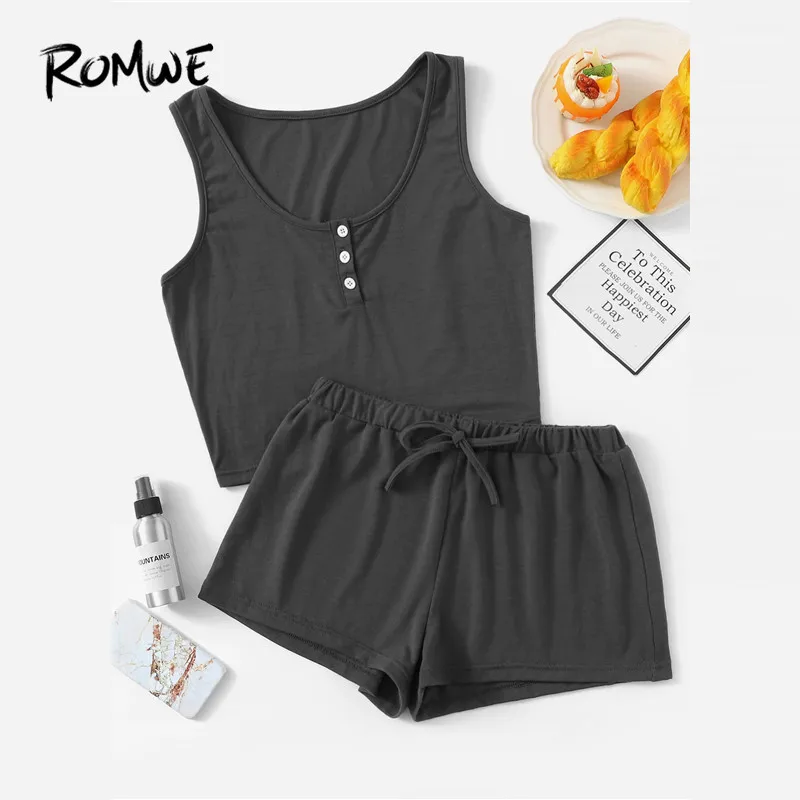 

ROMWE Women Pajama Sets Button Front Tank With Elastic Waist Shorts PJ Set Summer Nightwear Two Piece Sleepwear Suits 7 Colors