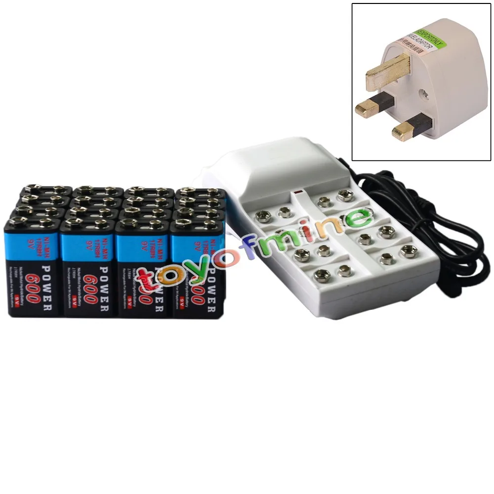 

16x 9V 6F22 PPS 600mAh Ni-Mh Rechargeable Battery + 8 Slot Batteries Charger AU/UK Plug Adapter