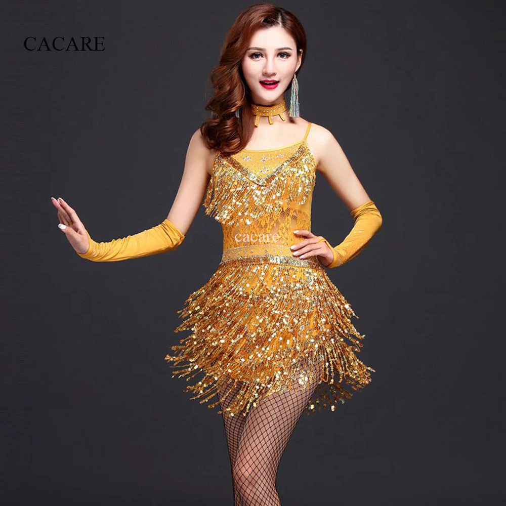 

CACARE Latin Dance Dress Women Samba Salsa Tango Dance Dress Flapper D0049 Sequins Tassels Rhinestones Necklace Gloves 3 Choices