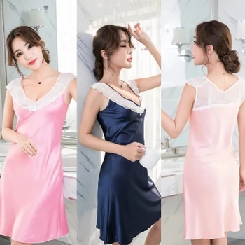 

Women's Sexy Lingerie Silk Nightgown Summer Dress Lace Night Dress Sleepwear Babydoll Nightie Luxury Nightwear Cute Home Clothes