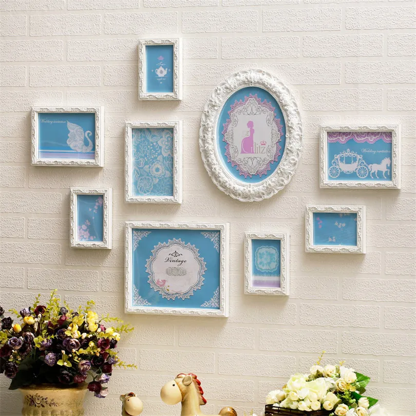 

Modern Sweet White Sky Blue Color 9pcs/set Picture Frames Wall Decoration Photo Frame Set Marcos Para Foto Bedroom Picture Album