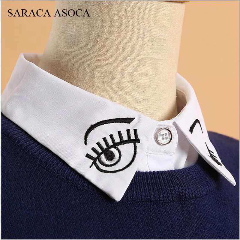 Мода вышивка глаз белая рубашка съемные воротники Для женщин все-macth свитер Поддельный Воротник для девочек B183