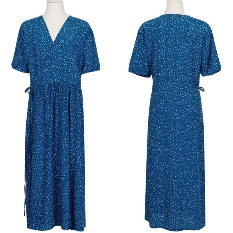 Синее платье в горошек с глубоким v-образным вырезом и коротким рукавом с высокой талией женское тонкое платье
