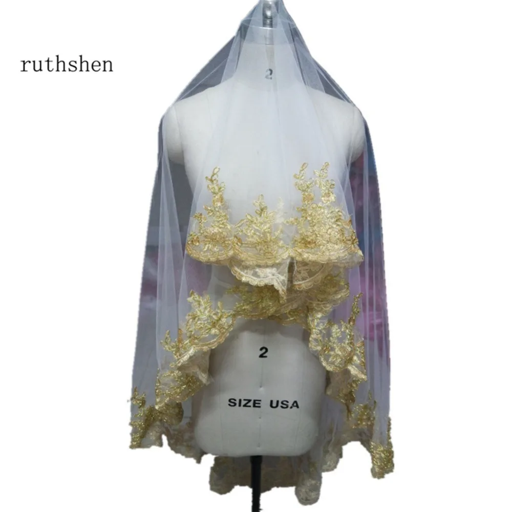 

ruthshen White / Ivory Tulle Bridal Veil Real Photo Wedding Veils With Gold Lace Appliques Wedding Accessories 1.5m without comb