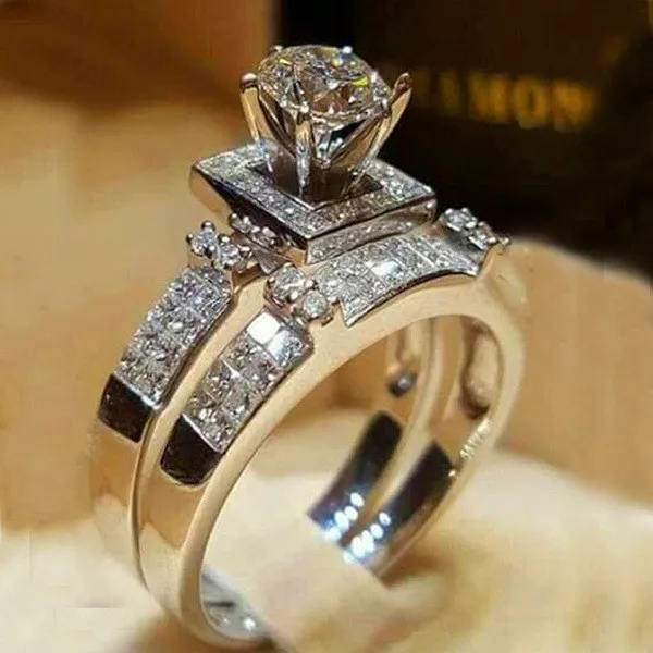 

Female Crystal White Round Ring Set Luxury 925 Silver Engagement Ring Vintage Bridal Wedding Rings For Women