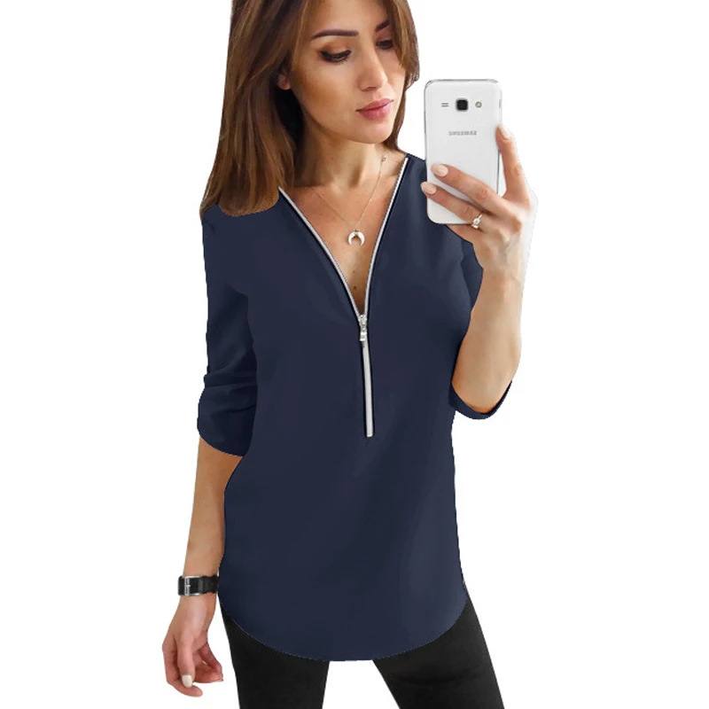 Jocoo Jolee Women Zipper Short Sleeve Shirts Womens Tops And Blouses Sexy V Neck Tee Shirts Casual Tops Female Tunic Plus Size
