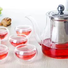 1х 7 в 1 Набор для кофейного чая кунг-фу-Большой термостойкий стеклянный чайник 635 мл с фильтром для заварки из нержавеющей стали+ 6* чашка с двойными стенками