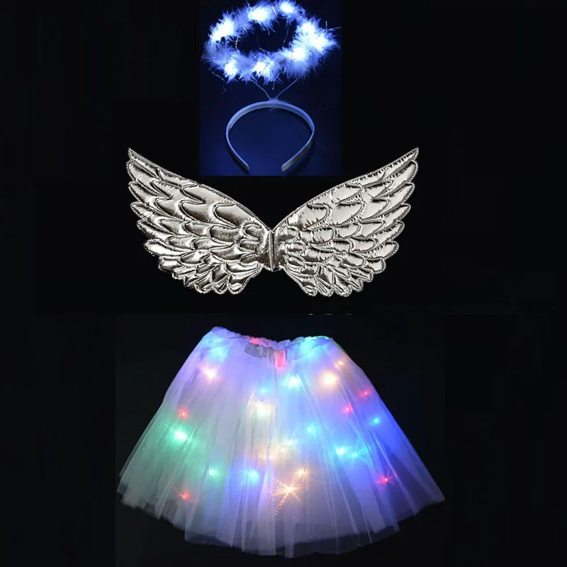 С «крыльями ангела» для девочек юбка гало-костюм ангельские крылья с перьями для Хэллоуина подарок для свадьбы дня рождения светодиодный лампа тлеющего заряда для вечеринки будущей матери - Цвет: set 1