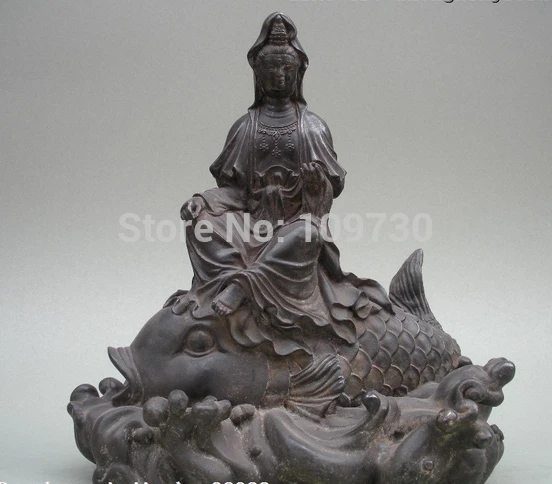 

bir 001216 11"China Folk Fane bsolute pure Bronze Kwan-Yin Ride Fish Lucky Buddha Statue