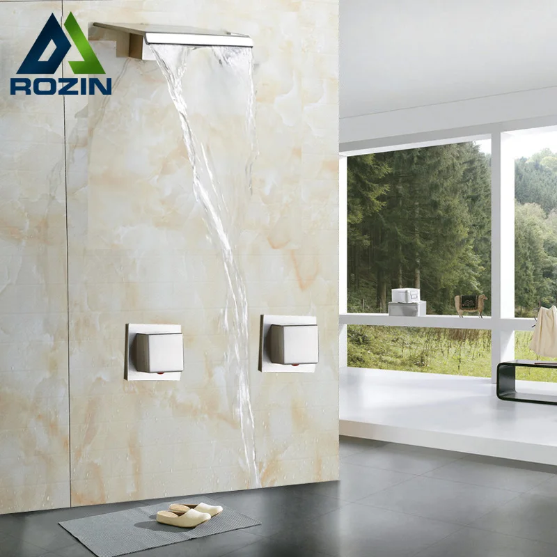 

Newly Bathroom Waterfall Shower Faucet Dual Handle Shower Mixers Wall Mounted Brushed Nickel Finish