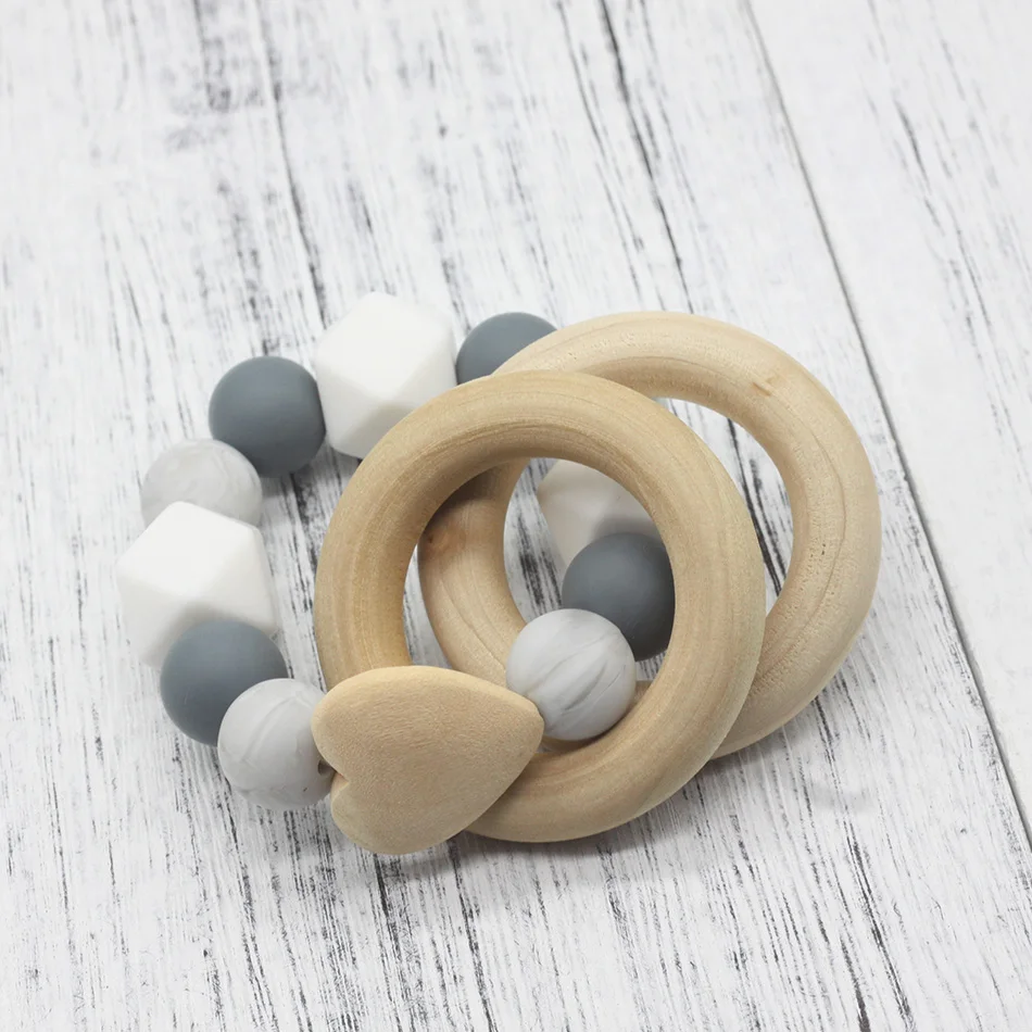 GLJ.CY Free shipping Pacifier Clip Wooden Organic and Silicone Beads Rattle Holder Chewable Baby Accessories pendant