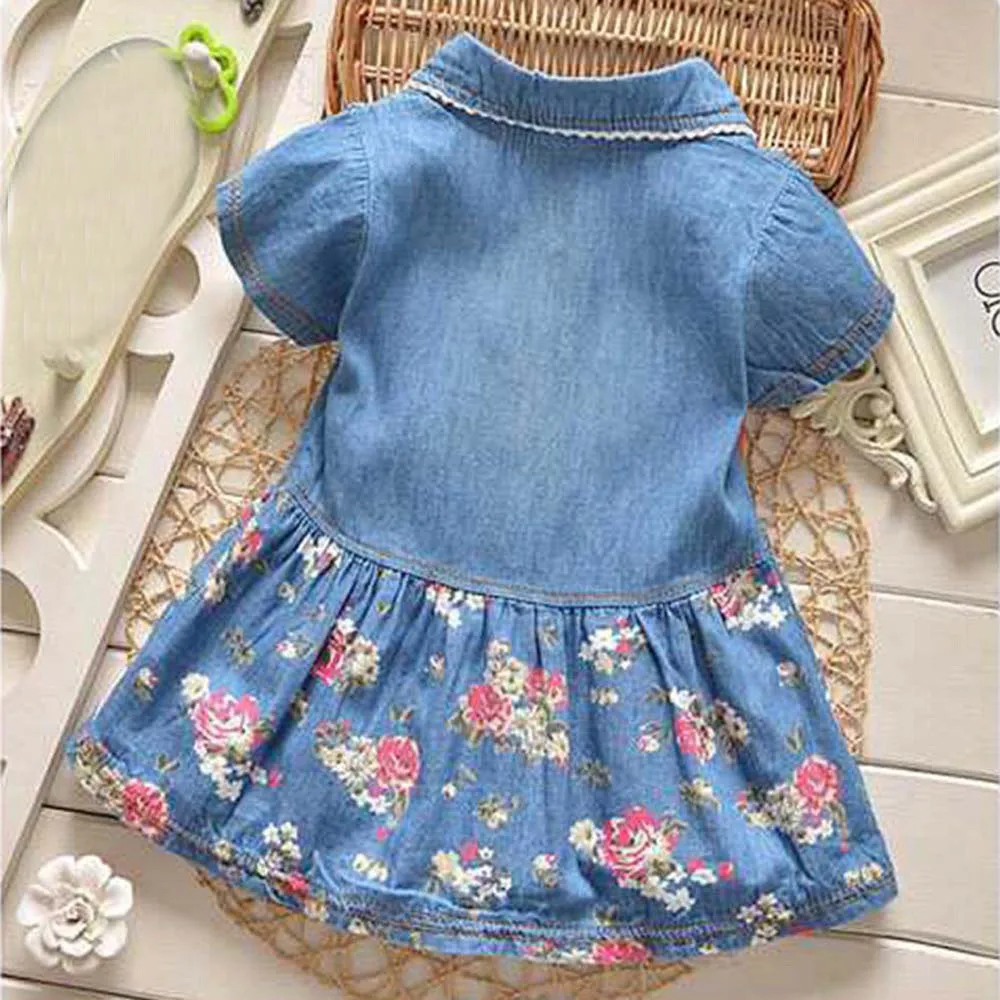 

Toddler Baby Girls Floral Print Bowknot Short Sleeve Princess Denim Dress Outfit girls dress vestido kids dresses for girls