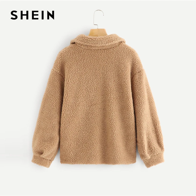 SHEIN البني الحديثة سيدة أنيقة البريدي الجبهة تيدي نصف بلاكيت طوق قميص عادي 2018 الخريف عارضة المرأة بلوزات