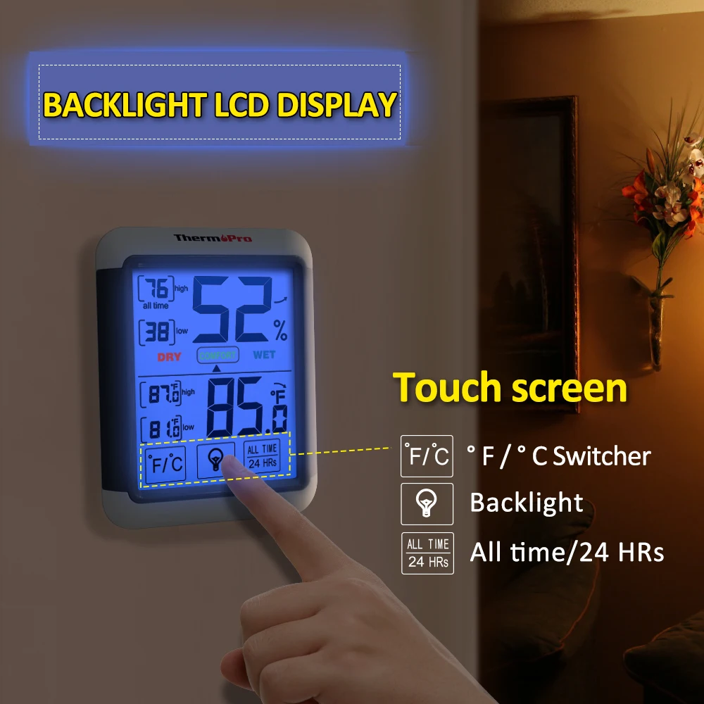 Thermopro TP55 цифровой гигрометр Термометр комнатный термометр с сенсорным экраном и подсветкой датчик влажности