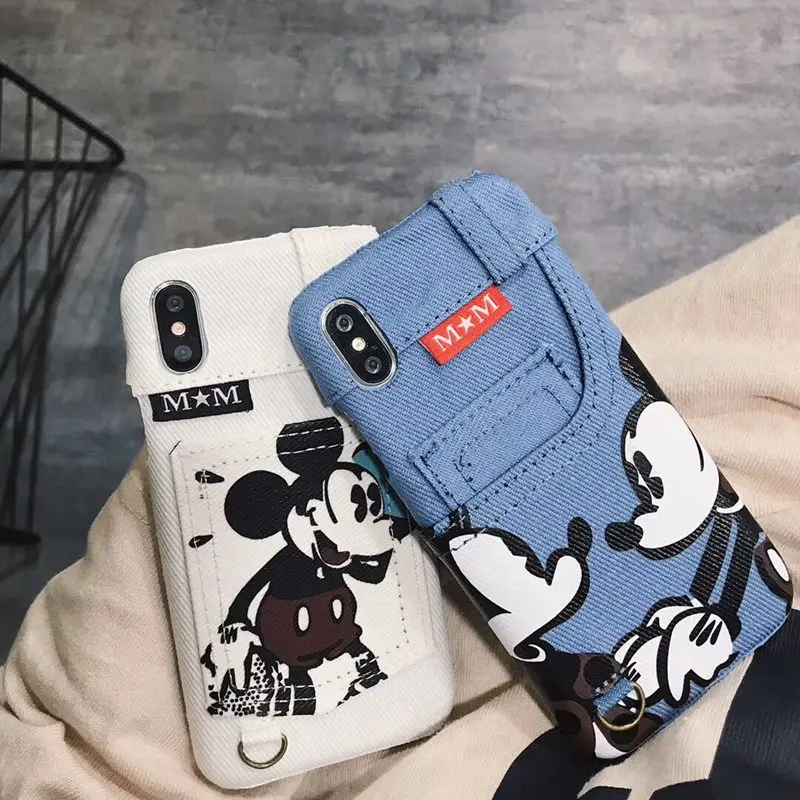 

Yobocent Cute Cartoon Mickey Mouse case For iphone X XR Xs Max 7 8 6 6S Plus Jeans Pocket Style Card Slot Leather Case Funda