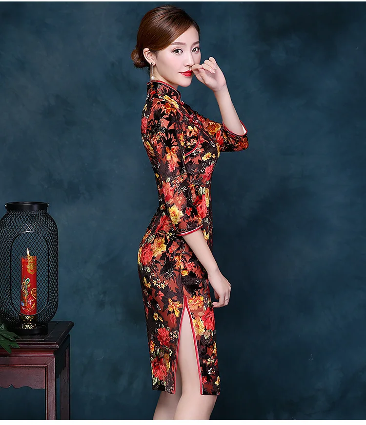 2018 модные бархатные Cheongsam короткий желтый Qipao Для женщин Китайская традиционная Платья для женщин ретро туалетный вечернее платье