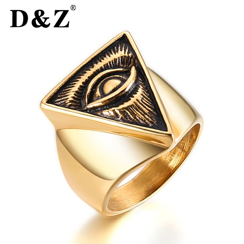 

D&Z Punk Illuminati Pyramid Eye Ring Men 316L Stainless Steel Hip Hop Gold Color Triangle Rings for Men Jewelry Egyptian Pharaoh