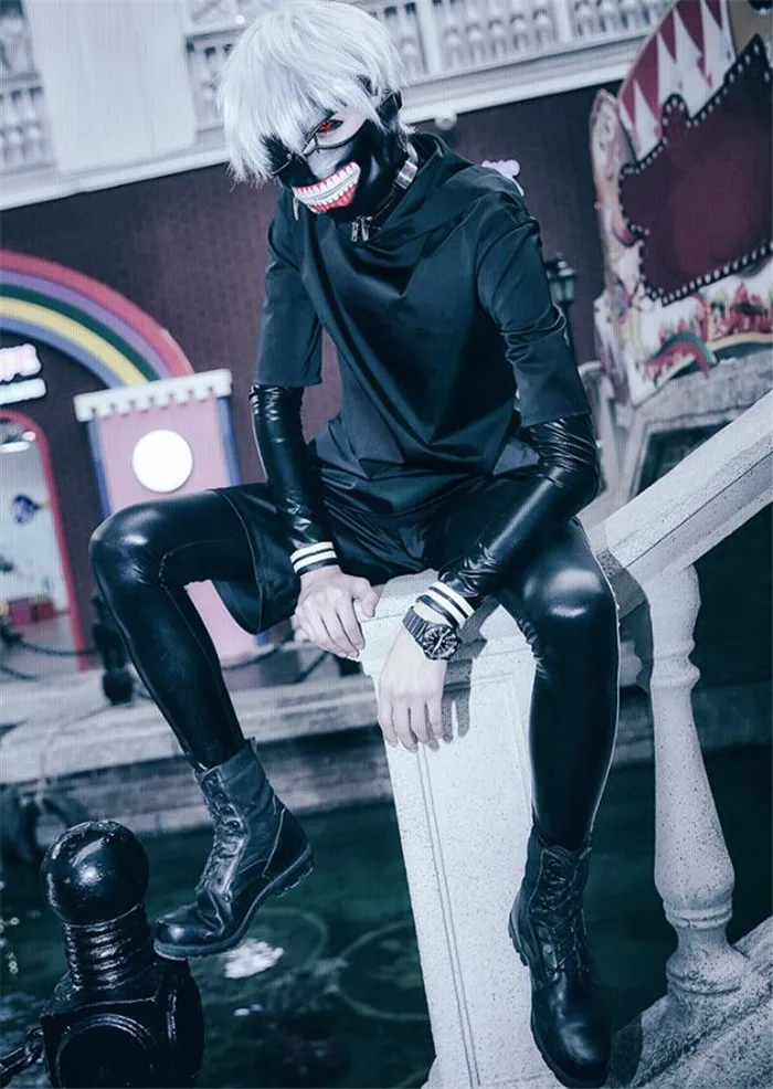 Аниме Kaneki Кен косплей Токийский вурдалак топ брюки куртка с маской Черный Взрослый мужской костюм костюмы на Хэллоуин A554