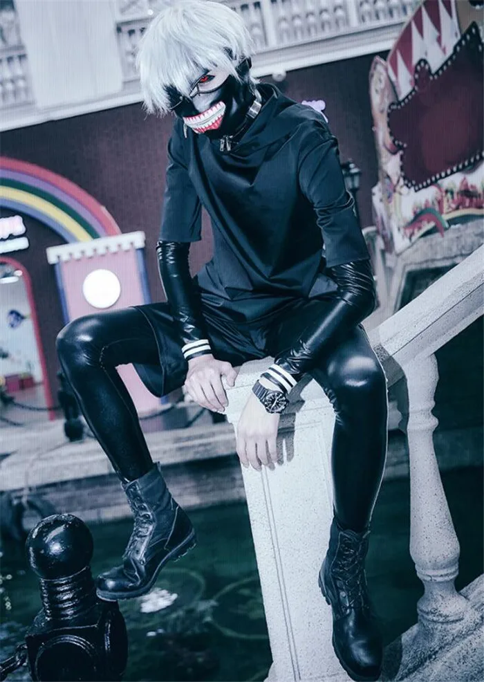 Аниме Kaneki Кен косплей Токийский Гуль топ брюки куртка с маской Черный Взрослый
